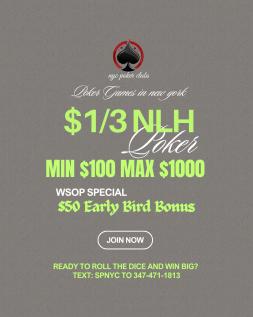 Action never stops at this NYC private poker room 🔥⁠
Serious $1/3 NLH action with a clean, comfortable vibe 🃏⁠
⁠
💰 Buy-in: $100?$1,000⁠
🎁 10% bonus (max $20)⁠
⁠
📩 Text SPHOME to 347-471-1813 ? seats filling fast⁠
⁠